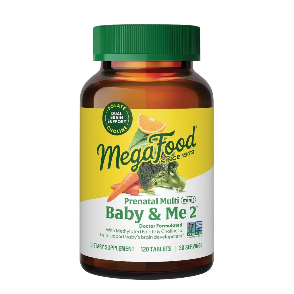 MegaFood Baby & Me 2 Minis prénatals - Vitamines prénatales pour les femmes avec du chocolat et du folate de méthyle - Sans gluten, végétarien, multivitamine prénatale pour les femmes – 120 Minis comprimés, 30 portions