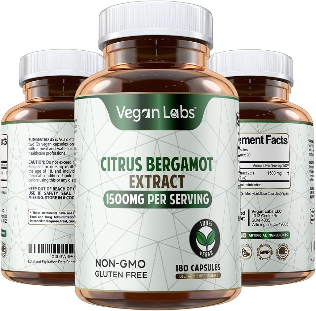 Vegan Labs Citrus Bergamot Extrakt 1500MG- 180 Vegan Kapseln- 25:1 Citrus Bergamia Extrakt- Unterstützt Gesamtgesundheit und Antioxidans Schutz- Glutenfrei, Non-GMO