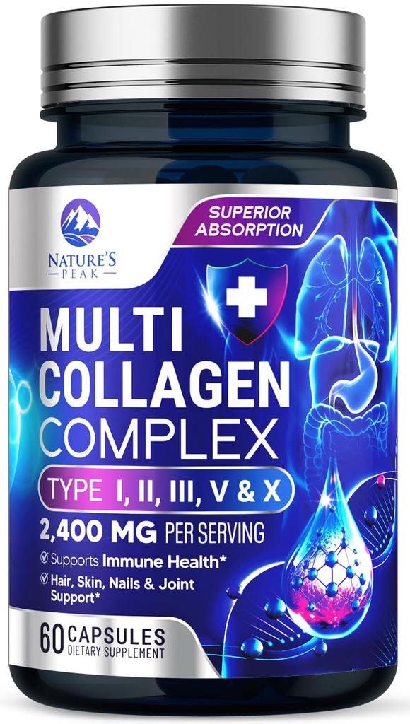 Multi collagene Peptides Supplemento per capelli, chiodo, pelle - tipo I, II, III, V, X, Collagen Powder Pills - Grass-Fed, idrolizzato per Bone e Joint Support per donne e uomini, Non-OGM - 60 capsule