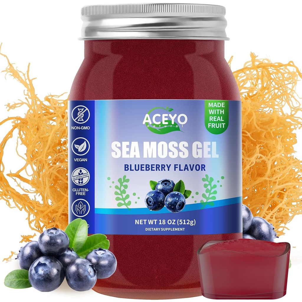 ACEYO (18 OZ) Irish Sea Moss Gel Organic Raw Vegan Blueberry Flavor 102 Vitamine und Mineralien Wild Harvested Non-GMO Immune Defense Booster Thyroid Digestive Support