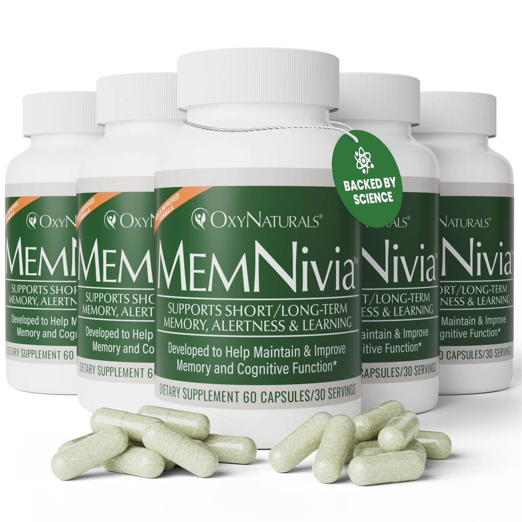 MemNivia Brain Ergänzungen für Memory & Focus | Dual-Sage Stammzellformel mit Cognivia®, Bacopa, Holy Basil & Ginger | Clinical Proven Mental Clarity Support | 300 Kapseln (5 Flaschen) | USA Made