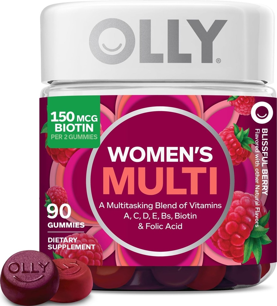 Gomma Multivitamina delle donne OLLY, Vitamine A, D, C, E, Biotina, Acido Folico, Vitamina masticabile per adulti, Sapore di bacche, Alimentazione di 45 giorni - Conteggio 90