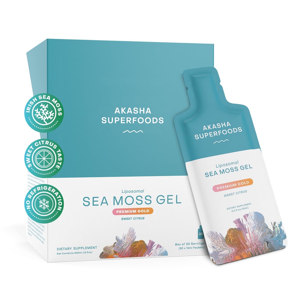 Akasha Superfoods Gel de mousse de mer d'Irlande, Seamoss liposomale avec la mousse de mer d'Irlande, vitamine E, agrumes, vanille biologique, glycérine, peau, énergie et Gut Health Support pour les femmes et les hommes, Sweet Citrus Flavor, 30 Ct