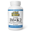 Facteurs naturels, vitamine D3 et K2 1000 UI et 120 mcg, soutient la santé osseuse et vasculaire, 60 Softgels