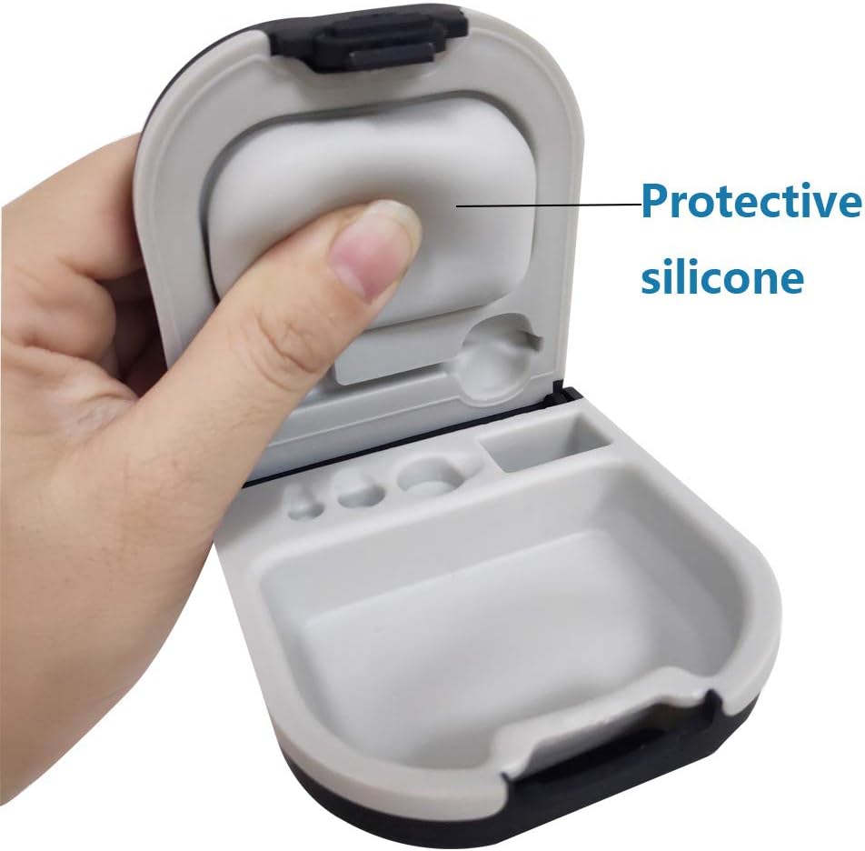 Hörgerätegehäuse mit Batteriespeicher Slot Hard Small 0.59"*2.44"*1.57",Silicone Kissen, für ITE, BTE Hörgeräte (schwarz)