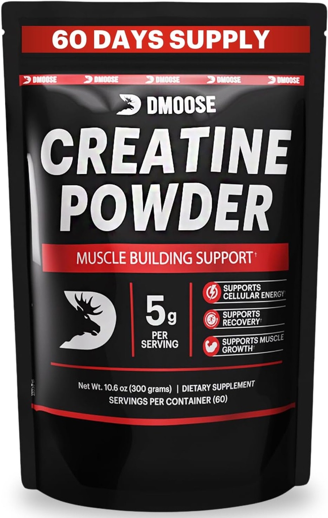 Poudre monohydratée DMoose Creatine - Poudre de créatine pour le gain musculaire et supplément de récupération - 300g par portion (5g) 2 scoops - 60 portions