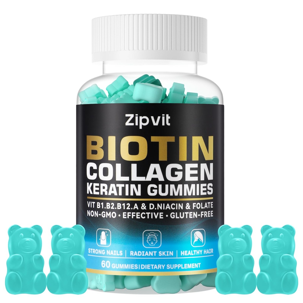 Zipvit Biotin Collagen Gummies – Pelle per capelli e Vitamine per le donne e gli uomini – Crescita dei capelli Vitamine: B1, B2, B3, B6, B7, Collagen, Keratin, Vitamina A & D – Supplemento per la crescita dei capelli – 60 Orsi gommosi