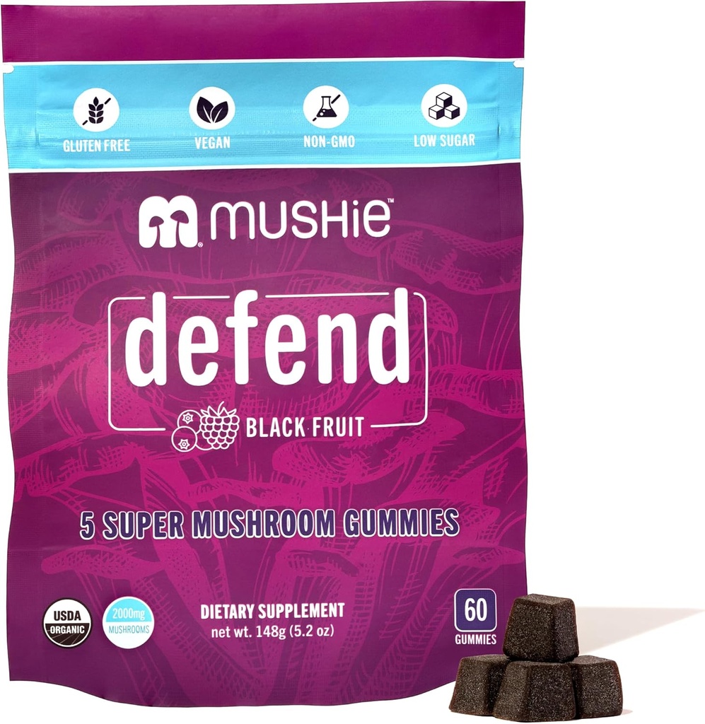 Mushie 100% Bio 5 Super Champignon Complexe Gommies - 2000mg Reishi, Turquie Tail, Maitake, Chaga & Shiitake Blend - Gut Health & Immune Support avec Vitamine D - Vegan, Sans gluten - 60 Compte