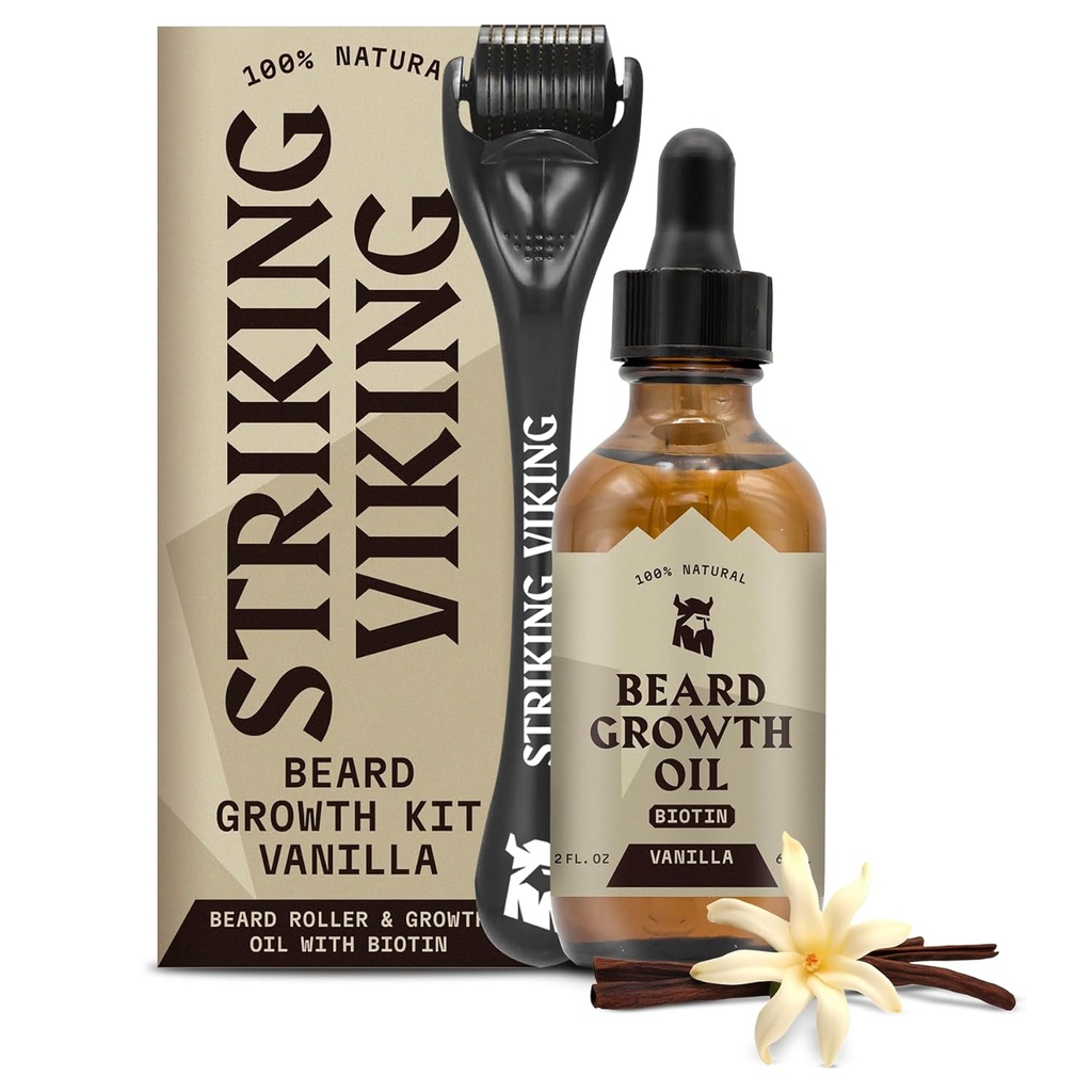 Huile de croissance viking - 2 fl oz, paquet de 1, Vanille - Huile de barbe épaississante avec des extraits de jojoba et d'argan - Promotion de la croissance faciale des cheveux et des cibles Zones de Patchy - Biotine Fortifiée