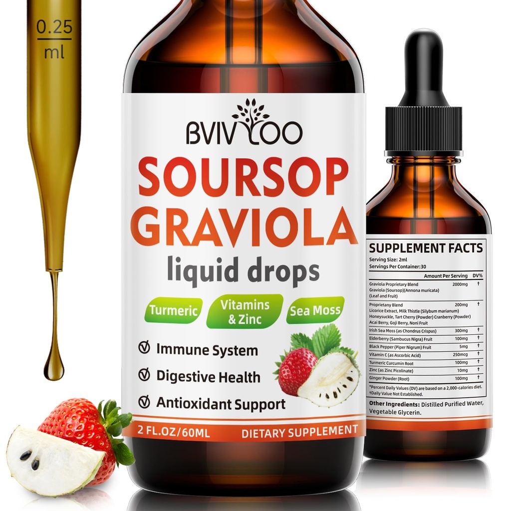 Soursop Graviola Liquid Drops for Cell Support & Regeneration, Immune Boost, Relax, Liver and Sleep, Soursop Bitters Liquid, Sugar/Gluten Free, Natural Strawberries Flavor - 2 Fl Oz (60ml) Bottiglia