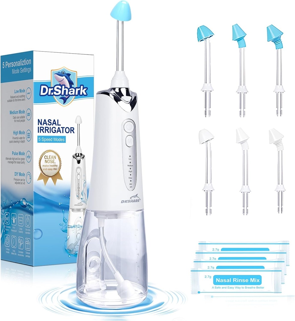 DR.SHARK Système d'irrigation nasale sans fil, Pot de filetage électrique pour sinus, Nettoyeur de nez, Nettoyeur de sinus, Machine de rinçage nasal à 5 modes