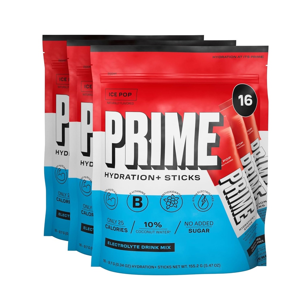 PRIME HYDRATION+ Sticks ICE POP | Polvere di idratazione Stick singoli della dose | Polvere di elettrolita sul Go | Basso zucchero | senza caffeina | Vegan | 48 Sticks