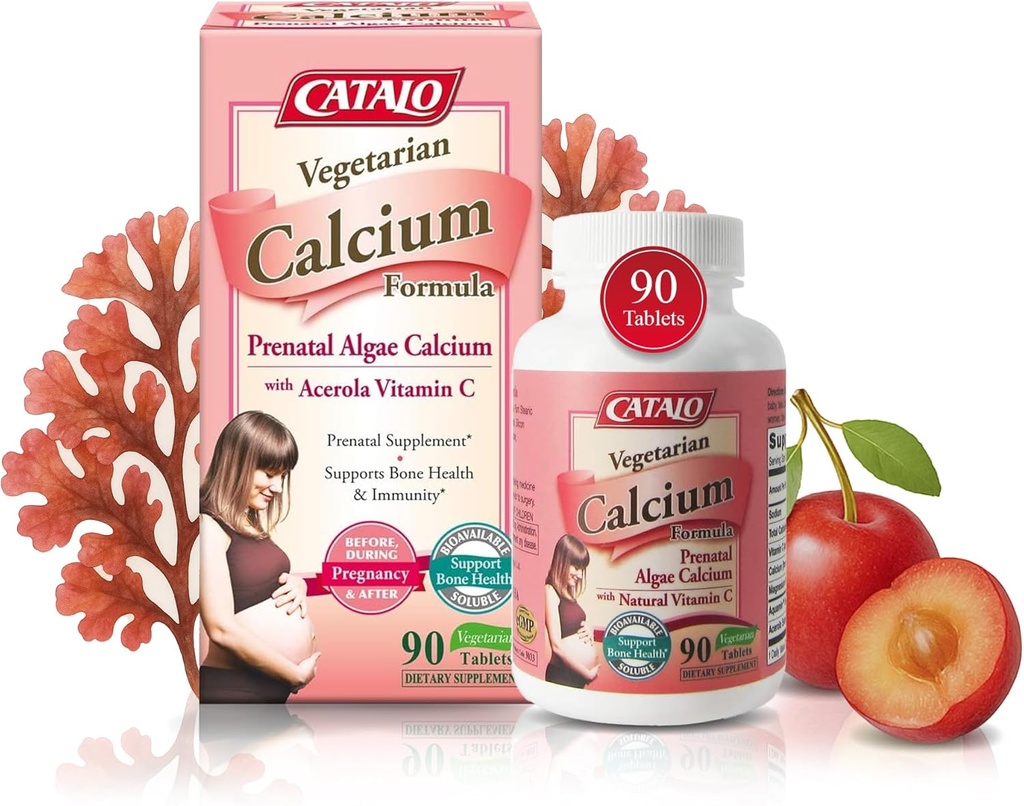 CATALO Suppléments de calcium végétariens pour les femmes - Calcium d'algues rouges à base végétale avec magnésium et vitamine C pour l'absorption accrue - 90 comprimés