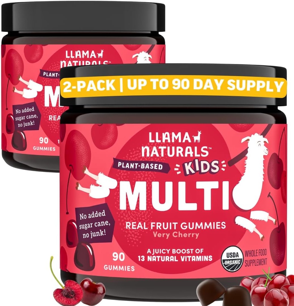 Llama Naturals Kids Multivitamin Gummis, Vegan, Bio mit Vitamin D, C & K, Kleinkind Real Fruit Gummy Vitamins, Kaubare Ergänzung, Ganzes Essen Multivitamin, Ohne Zusatz von Zuckerrohr, Kirsche, 2 Pk