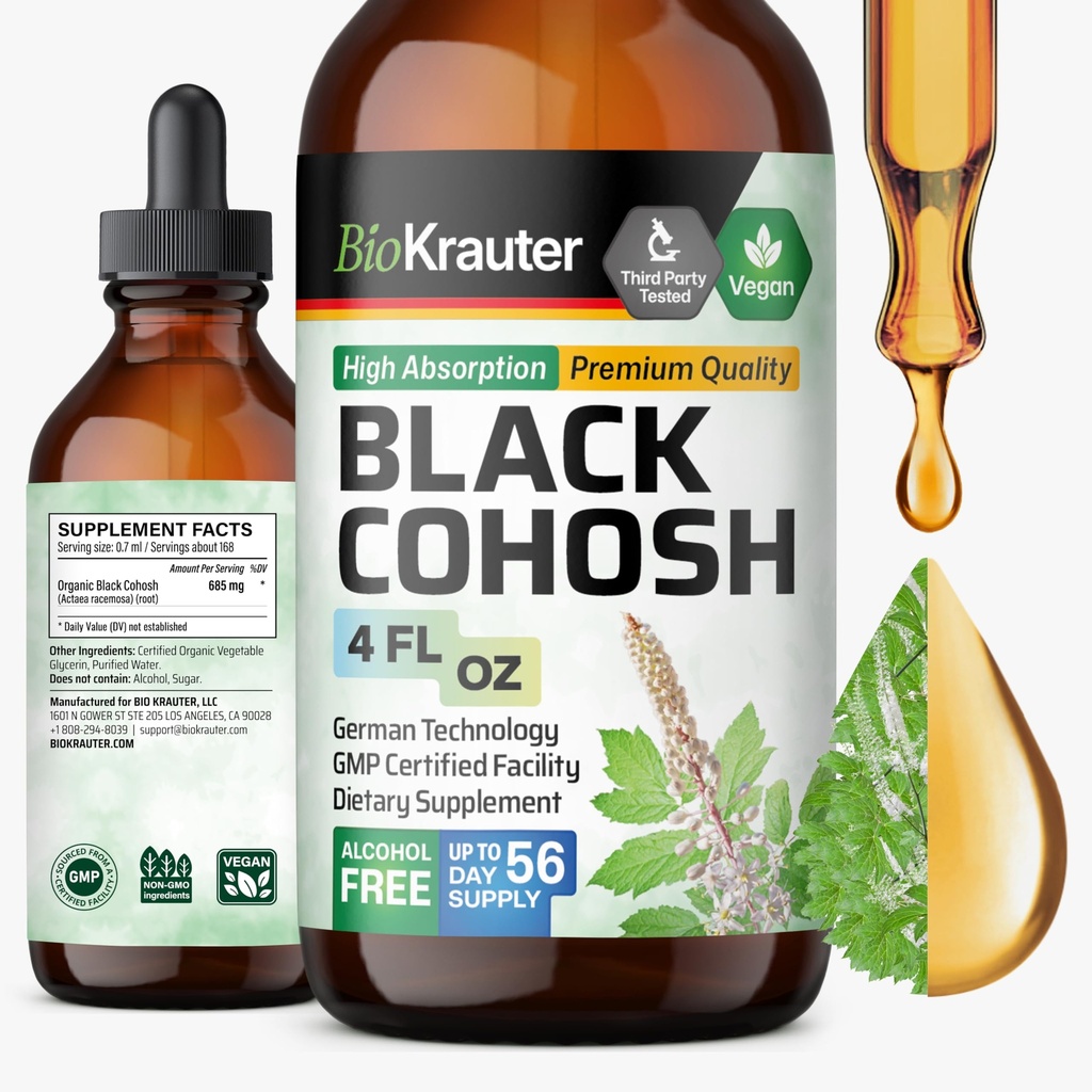 BIO KRAUTER Nero Cohosh Tincture - Vegan Nero Cohosh Integratori Donna Supporto - Alcol e Zucchero Libero - 4 Fl.Oz.