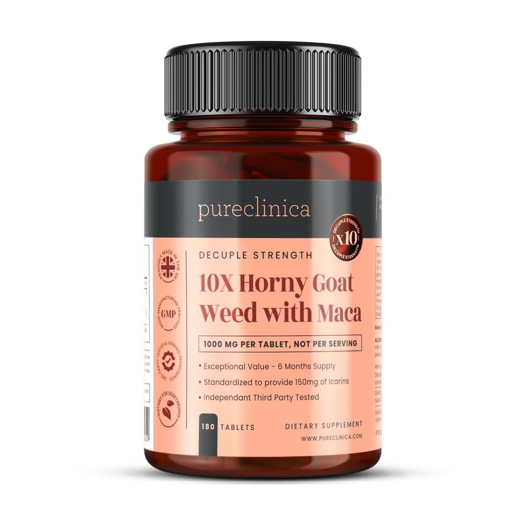 pureclinica Horny Goat Weed & Maca 1000mg – 180 Tablets (6 Month Supply) – 10X Icariins Strength – w/Black Pepper for 300% Absorption – Energy, Libido & Performance Support