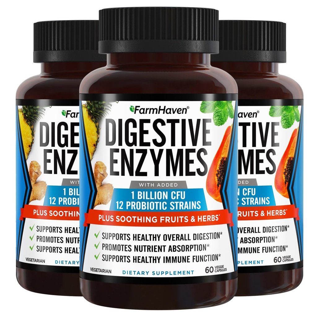 FarmHaven Enzymes digestifs avec 18 Probiotiques & Herbes de Papaye, Bromelain, Protease & More pour Absorption de Lactose & Meilleure Digestion de Lactose Aide Bloaging, Gas, Constipation de Lactose, 180 Capsules