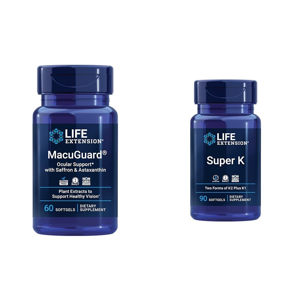 Life Extension Macuguard Eye Health Supplement mit Lutein, Meso-Zeaxanthin, Saffron & Astaxanthin - 60 Count und Super K Vitamin K1 K2 MK-7 MK-4 Vitamin C - 90 Softgels