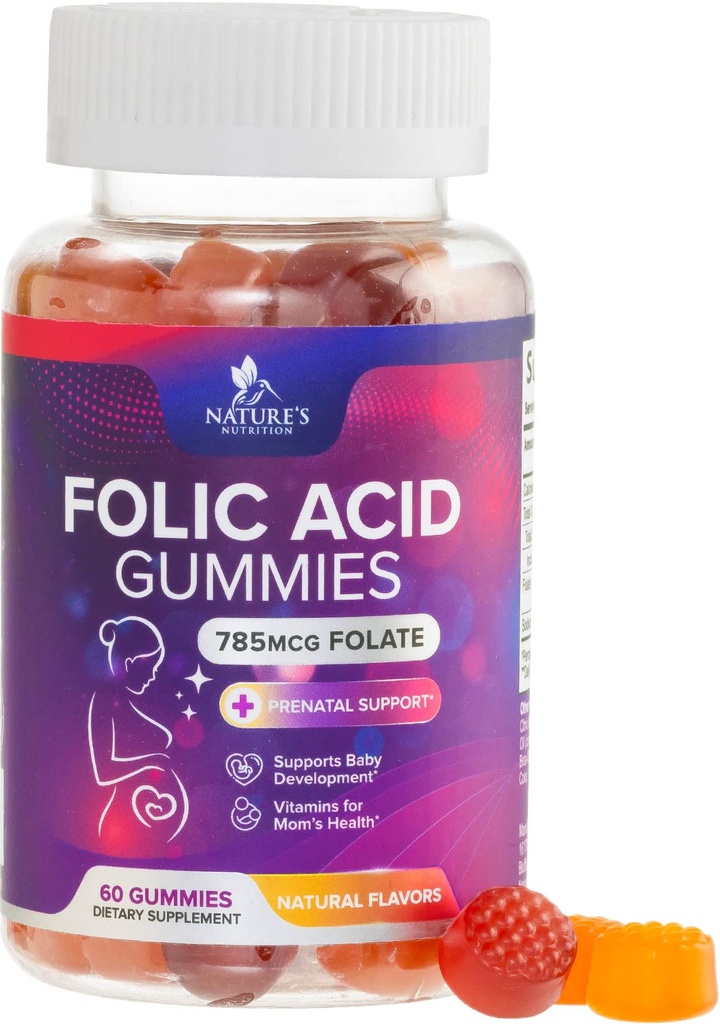 Folsäure-Gummi für Frauen 785 mcg, essentielle pränatale Vitamine für Mutter & Baby, Vegan Folic Supplement Gummy, Daily Vitamin B9 Extra Strength Folate, Vor während der Schwangerschaft - 60 Gummie