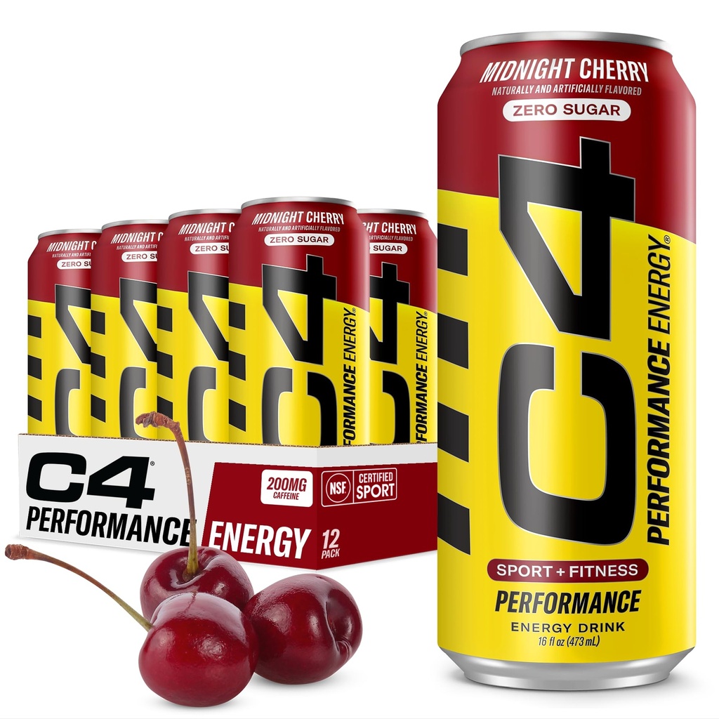 C4 Energy Carbonated Zero Sugar Energy Drink, Pre Workout Drink + Beta Alanine, Midnight Cherry, 16 Fl Oz (Pacchetto di 12)