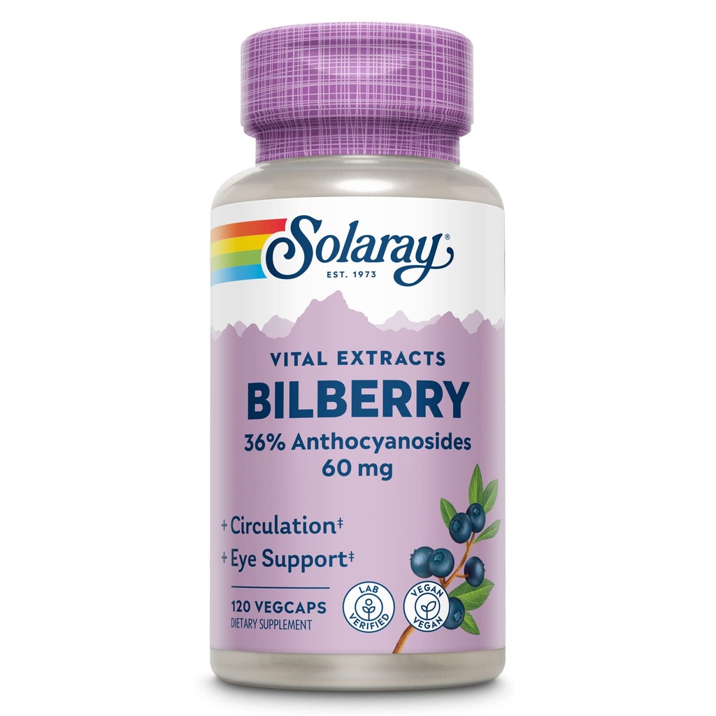 SOLARAY Bilberry Berry Extract 60 mg Per Capsule, Potente Antiossidante, Garantito Potency for Healthy Vision & Circulation Support 120 VegCaps