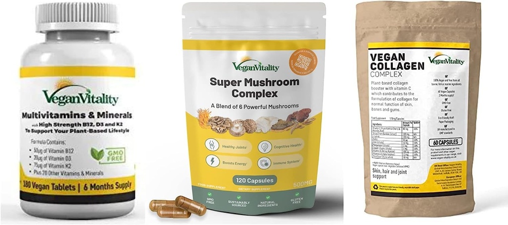 Vegan Vitalität Booster ergänzt Bundle - Vegan Multivitamine, Kollagen und Super Pilz-Komplex. Hochfeste pflanzenbasierte Formel für Gesamtgesundheit für Vegane und Vegetarier