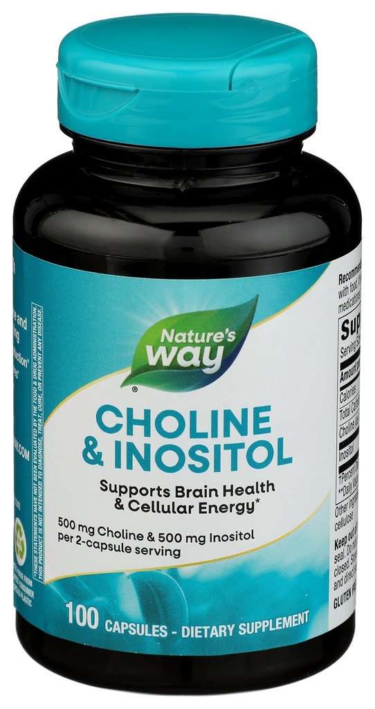 Natura's Way Choline & Inositol, Supporta la salute del cervello e l'energia cellulare*, 500 mg Choline & 500 mg Inositol per 2 capsule di servizio, senza glutine, 100 capsule (Packaging May Vary)