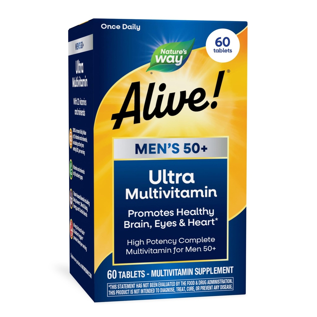 Nature's Way Alive! 50+ Daily Ultra Multivitamin, High Potency Formula, unterstützt gesundes Gehirn, Augen &amp; Herz*, mit methyliertem B12, Glutenfrei, 60 Tabletten (Packaging May Vary)