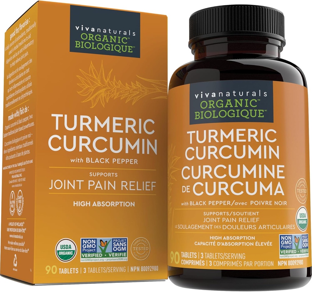 Viva Naturals Turmeric Curcumin, 1500 mg, 120 Tabletten – mit schwarzem Pfeffer für Absorption - für Gelenkunterstützung & Zellular Defense