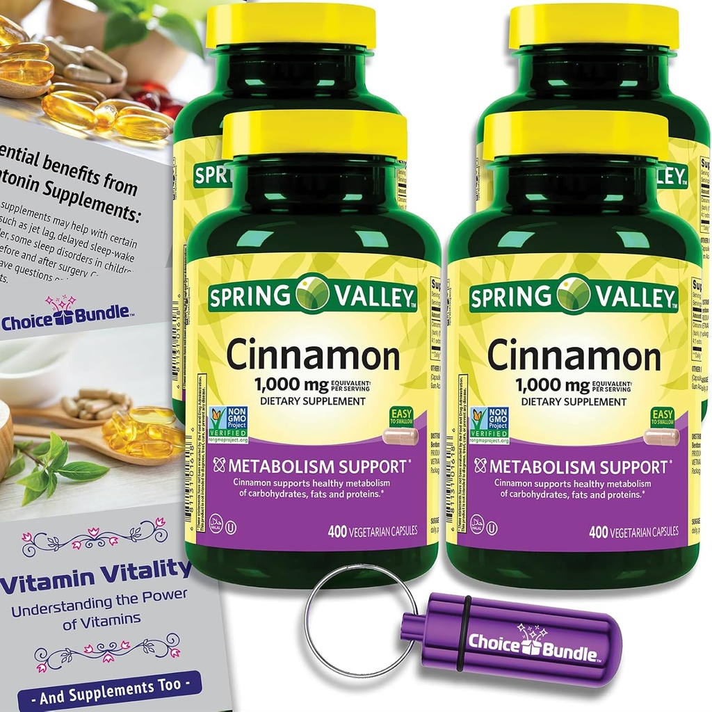 Wählen Sie Bundle Spring Valley Cinnamon Nahrungsergänzung 1000mg 400 ct Vegetarische Kapseln 4 pk (1600 Gesamt) + “Vitamin Vitalität” Guide & Pill Container (6 Artikel)!