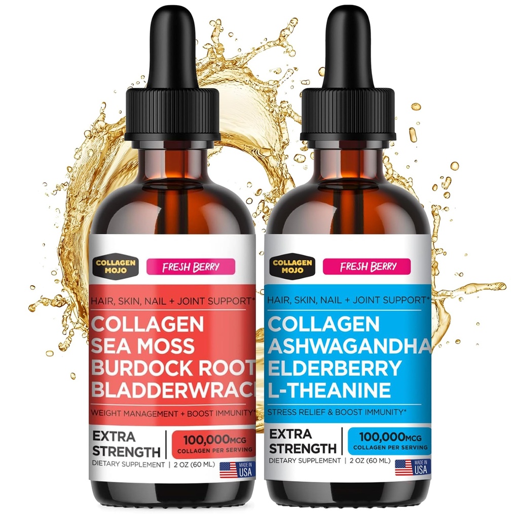 Collagen Mojo Peptidi di collagene liquido con Moss di mare, radice di Burdock & Bladderwrack + Peptidi di collagene liquido con Ashwagandha, Elderberry & L-Theanine