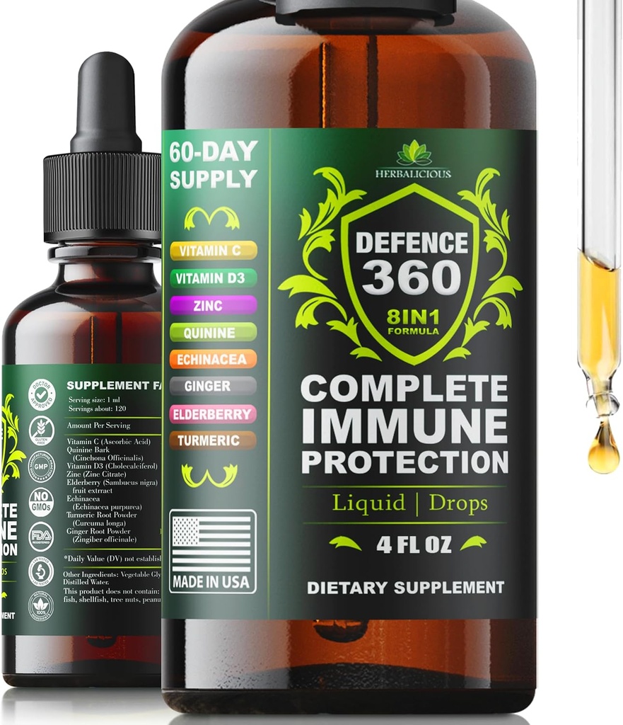 Difesa360 Supporto Immune 8-in-1 Supplemento liquido con vitamina C, D3, Zinco, Elderberry, Echinacea, Turco, Ginger & Quinine – Protezione Immune completa (4 FL OZ)