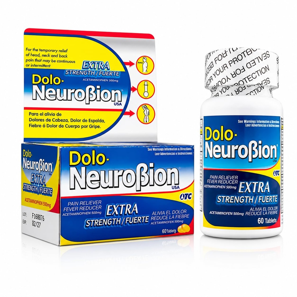Dolo Neurobion Pain Reliever, Fever Reducer, Extra Strength. Alivia el Dolor,Reduce la Fiebre, Extra Fuerte. 60 Tabletten. Acetaminophen 500 mg