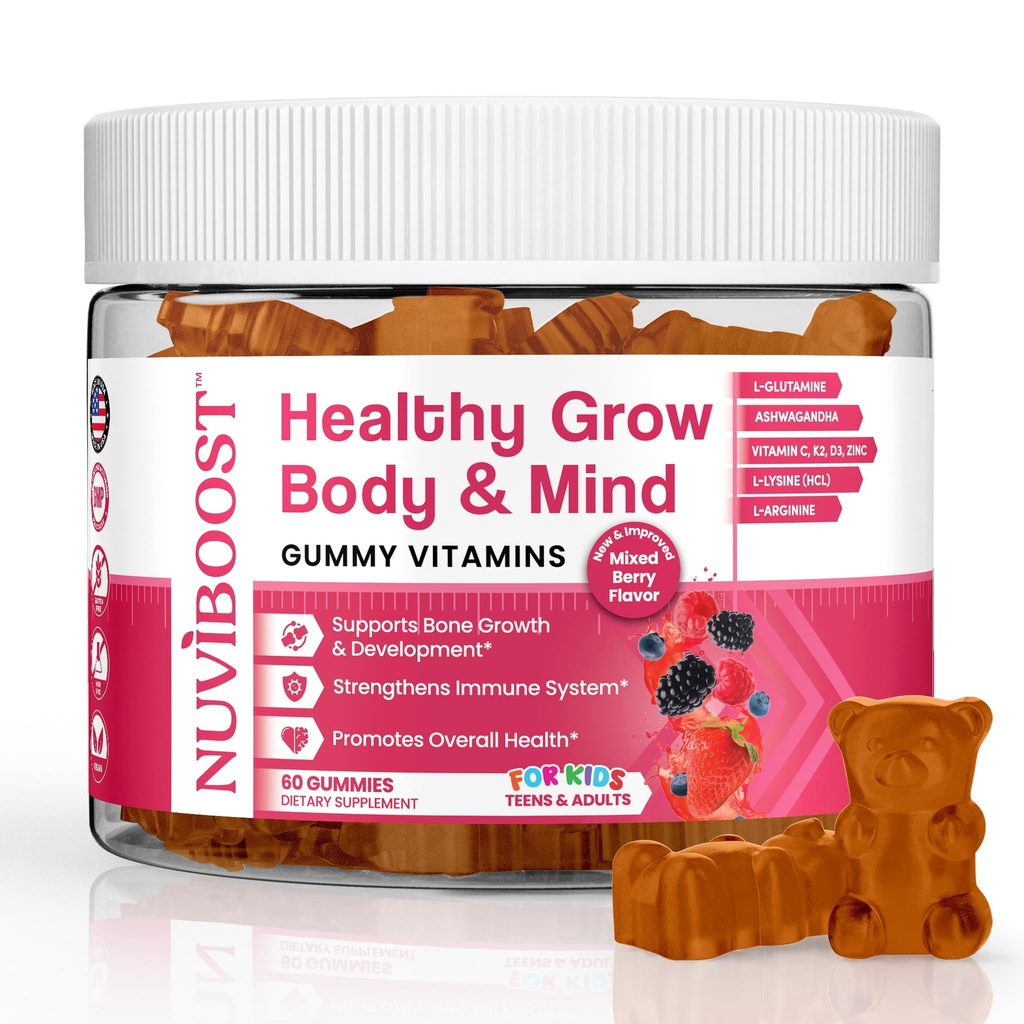 Gesunde Wachstumsgummis reich an Kalzium, Vitamine C, D3, K2, L-Arginin, Ashwagandha und anderen, Boost Bone Health & Immunität, Multivitamin, für Kinder 5+, Teens und Erwachsene.