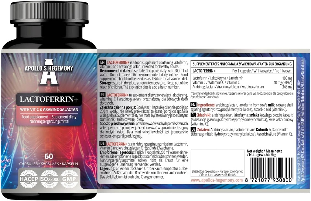 APOLLO'S HEGEMONY Lactoferrine+ 100 mg - avec vitamine C et arabinogalactan - 60 capsules véganes - 2 mois d'approvisionnement - pour l'amélioration de l'immunité et de l'absorption du fer