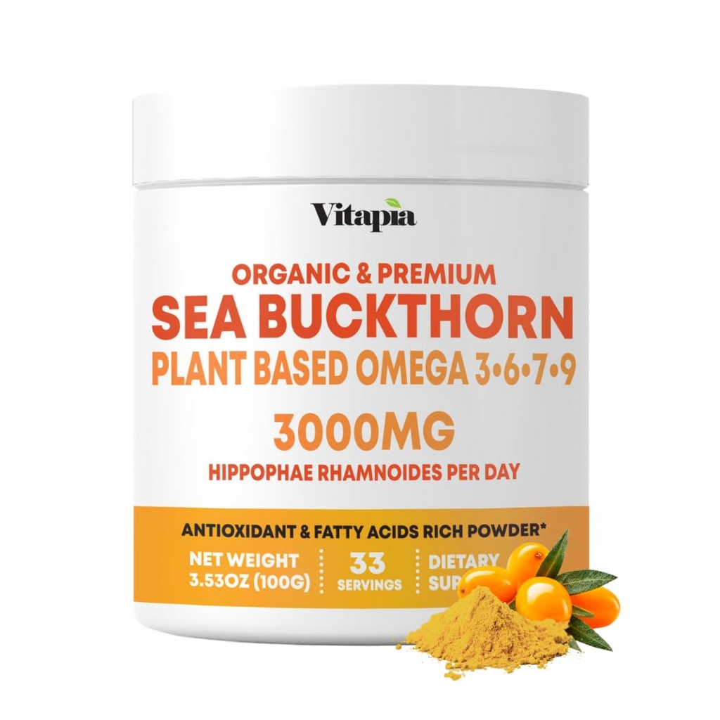 Poudre d'extrait d'épine de mer biologique avec Omega naturel 7 et Omega 3 6 9 pour la santé cardiaque, la peau, le soutien immunitaire - 100g Supplément de poudre et 33 jours d'approvisionnement - Non-OGM, sans gluten, végétalien-friendly