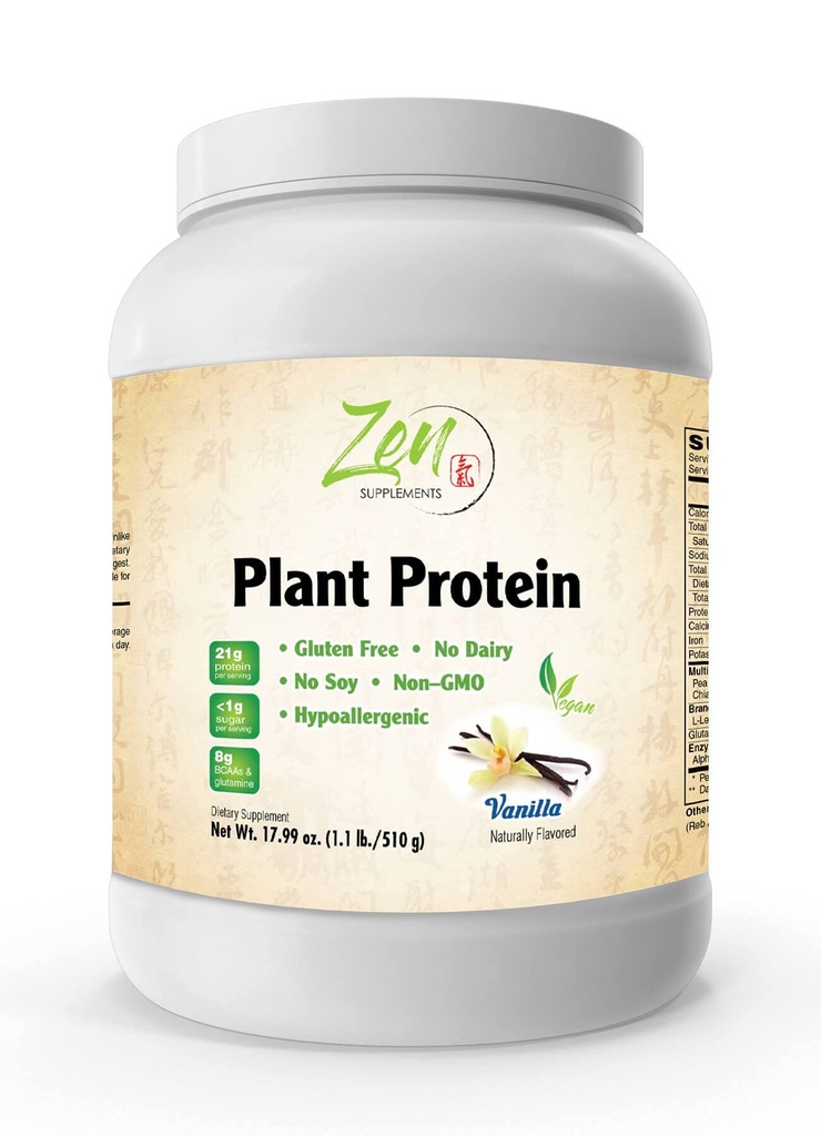 Zen Supplements - Pflanzenprotein-Vanilla 510G 1.1LB-Powder- 25 Gramm Protein pro Servierung -Vegan, Low Net Carbs, Non Dairy, Glutenfrei, Lactosefrei, kein Zucker hinzugefügt, Soy Free, Kosher, Non-GMO
