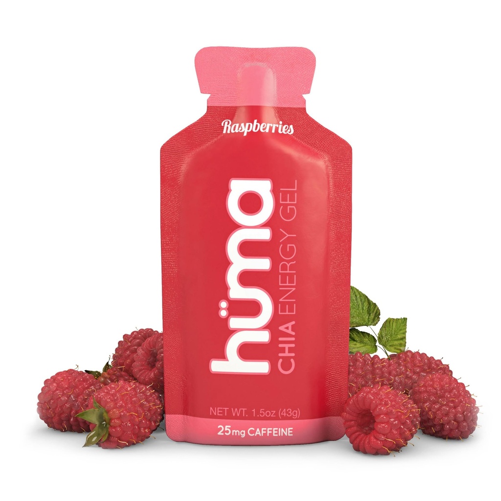 Huma Chia Gel d'énergie, framboises, 12 gels, 25 mg de caféine par paquet - Première nutrition sportive pour l'exercice d'endurance