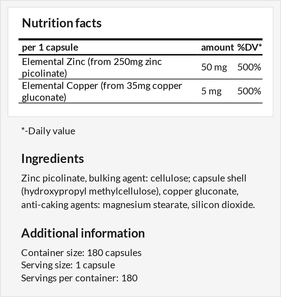 Z-Balance - Zink 50mg + Cooper 5mg - 180 Vegan Kapseln - 6 Monate Versorgung - Zinkpikolante und Cooper Gluconate Supplement für gesundes Haar, Haut und Nägel - von Apollos Hegemonie