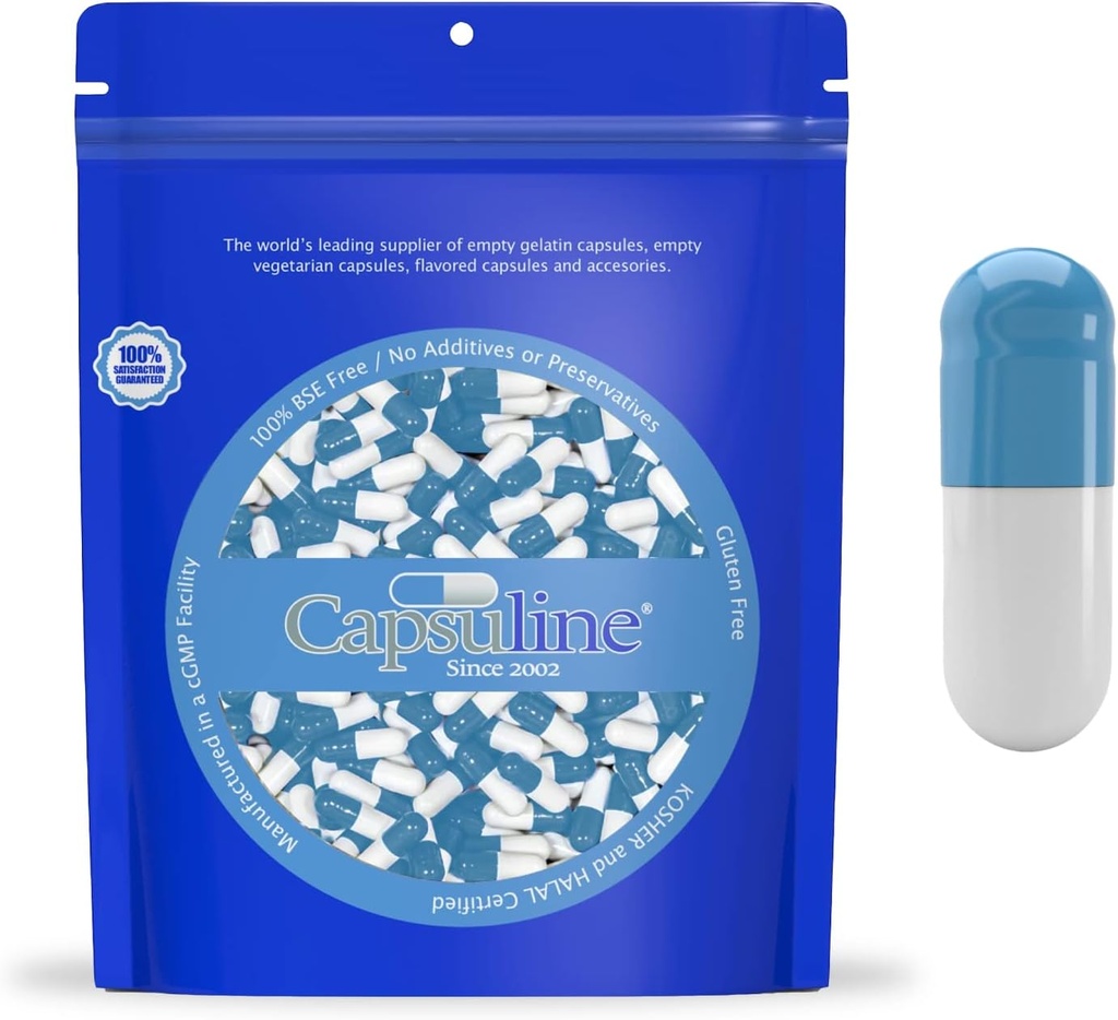 Capsuline Farbe Größe 0 Leere Gelatine Kapseln Blau/Weiß 5000 Graf |Kosher & Halal Zertifiziert |Gluten Kostenlos