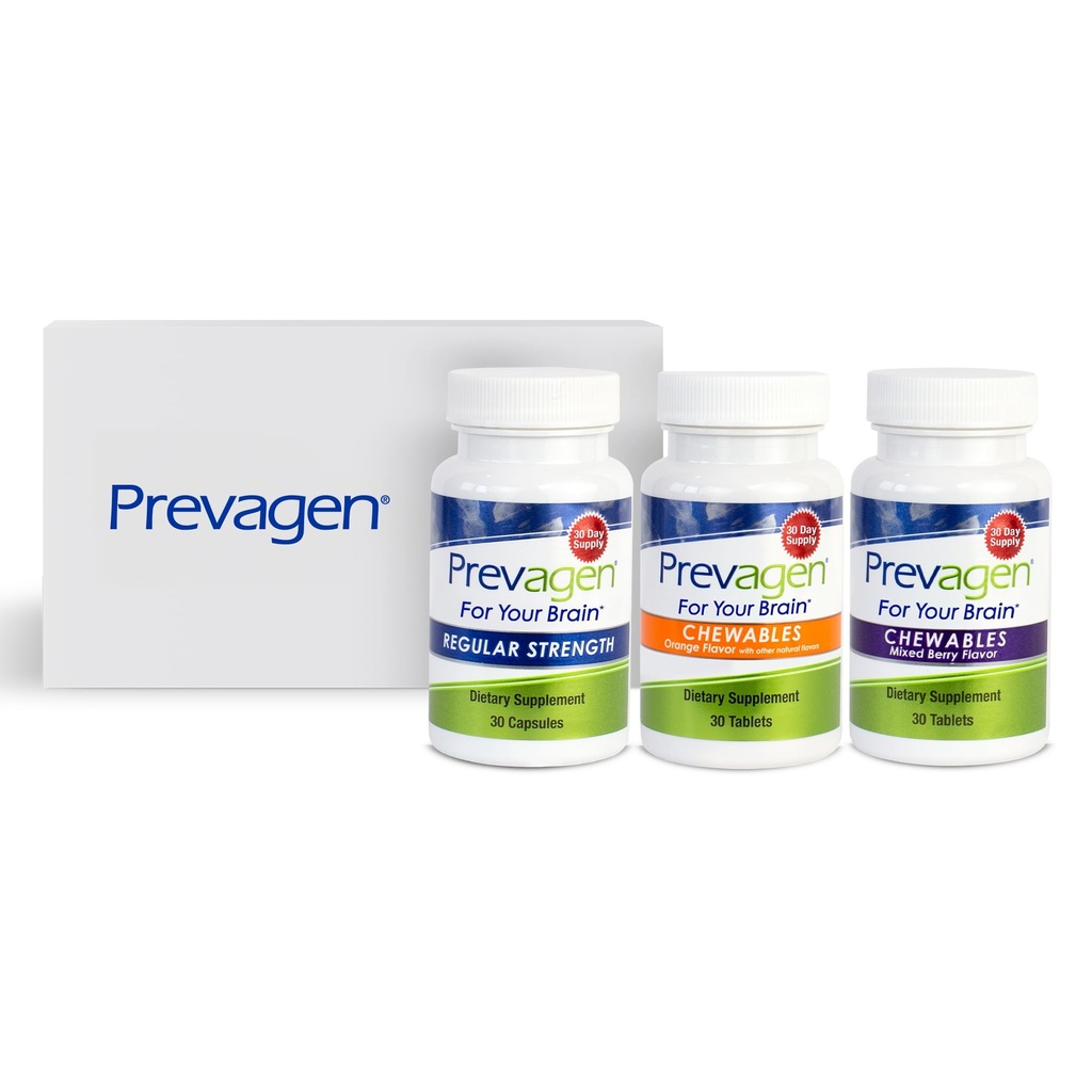 Prevagen Variety Pack - 90 Count (3 mesi di fornitura) | Capsule di Forza Regolare, Masticabili di Bacca Mista e Polsini Arancione | 10mg di Apoaequorin Plus Vitamina D3