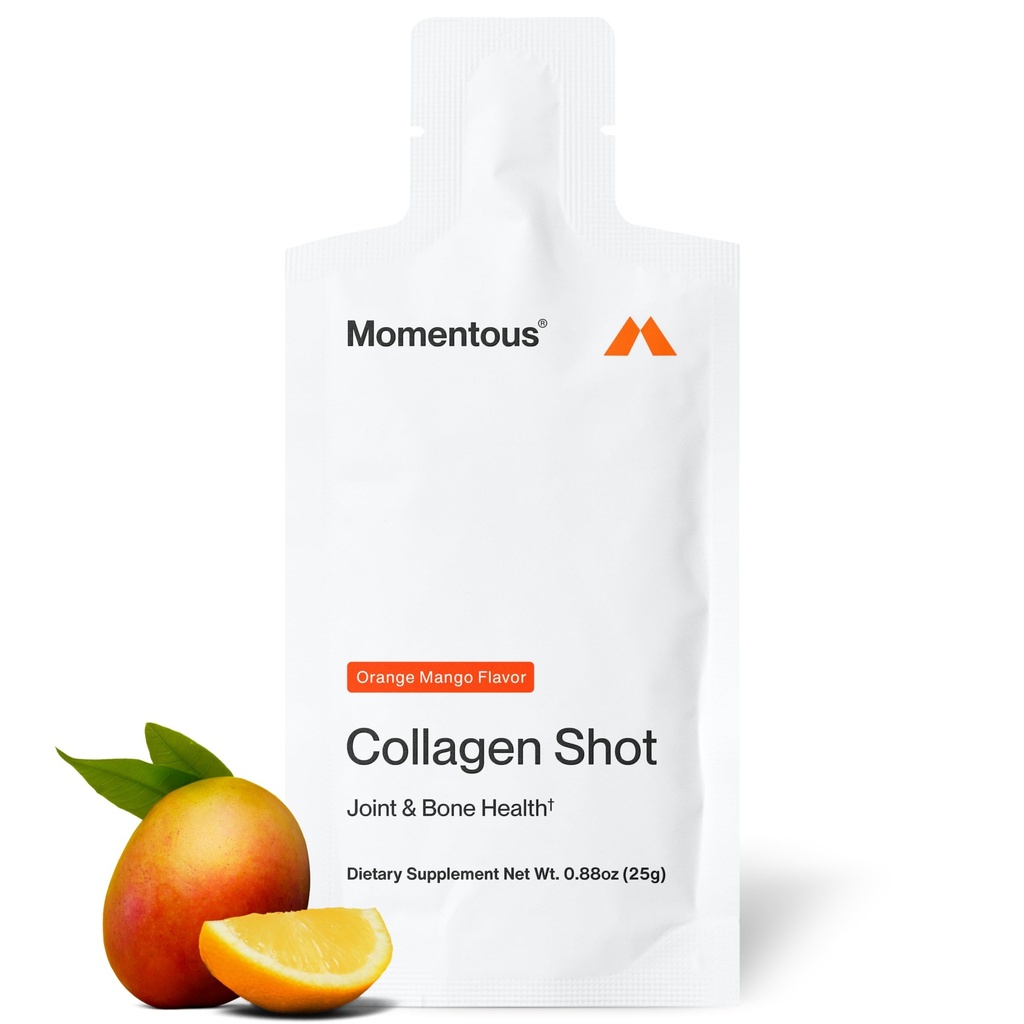 Momentous Collagen Shot Supplement - Hydrolyzed Bovine Collagen & Vitamin C zur Unterstützung von Gelenk, Knochen, & Connective Tissue Health - NSF zertifiziert für Sport - Mango Orange - 25g/Serving - 15 Servierungen