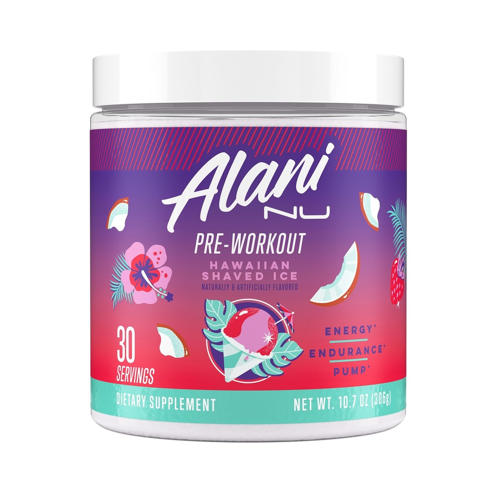 Alani Nu Pre Workout Polvere hawaiana rasata ICE, Amino Energy Boost, Endurance Supplement, Sugar Free, 200 mg di caffeina, L-teanina, Beta-Alanine, L-Citrulline, 30 Servings