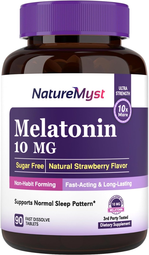 Melatonin 10 MG, Tabelle di dissolve veloce, Ultra resistenza, Forma non abituale, Supporto per sonno e calma, No Zucchero, Natural Strawberry Flavor, 90 compresse