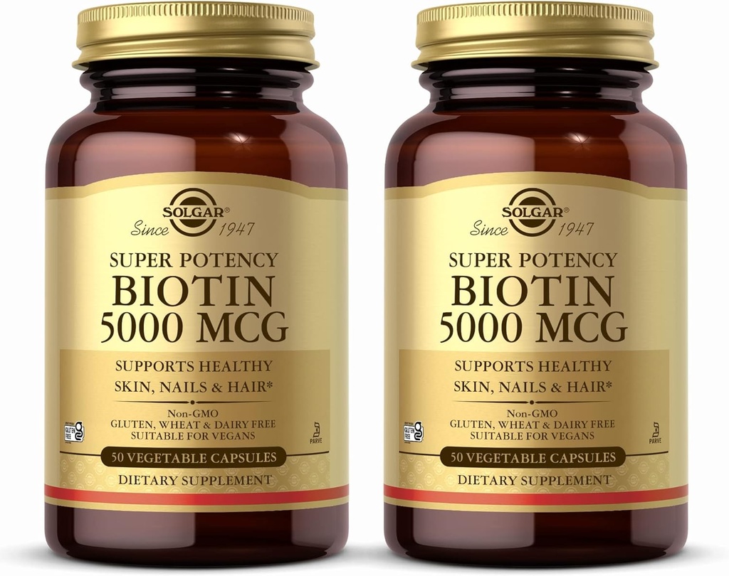 Solgar Biotin 5000 mcg - 50 Gemüsekapseln, Packung mit 2 - Unterstützt Gesunde Haut, Nägel & Haar - Non-GMO, Vegan, Glutenfrei, Dairy Free, Kosher - 100 Alle Servierungen