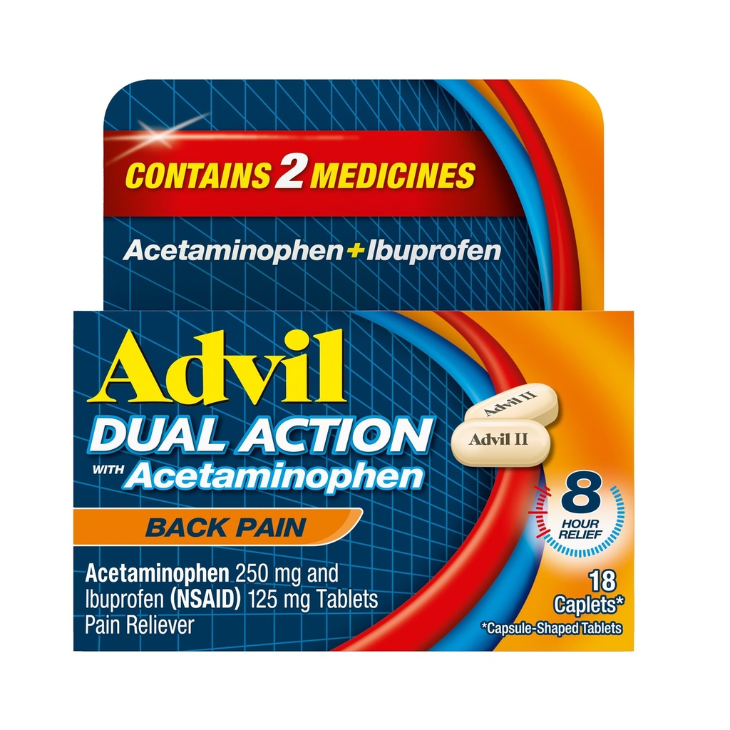Advil Dual Action Back Pain Caplets Delivers 250mg Ibuprofen und 500mg Acetaminophen Per Dose für 8 Stunden Rückenschmerzen Relief - 18 Count