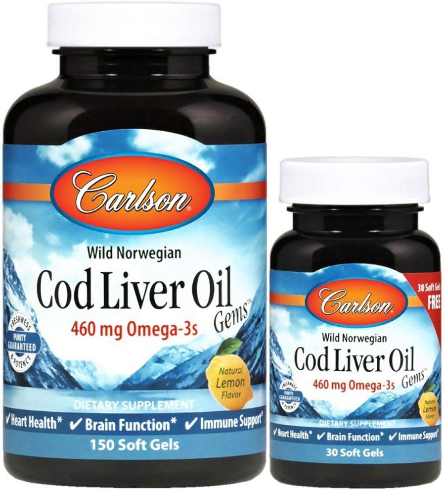 Carlson Laboratories Cod Liver Oil Gems - Lemon léger 1000 Milligrammes 150+30 Sgels