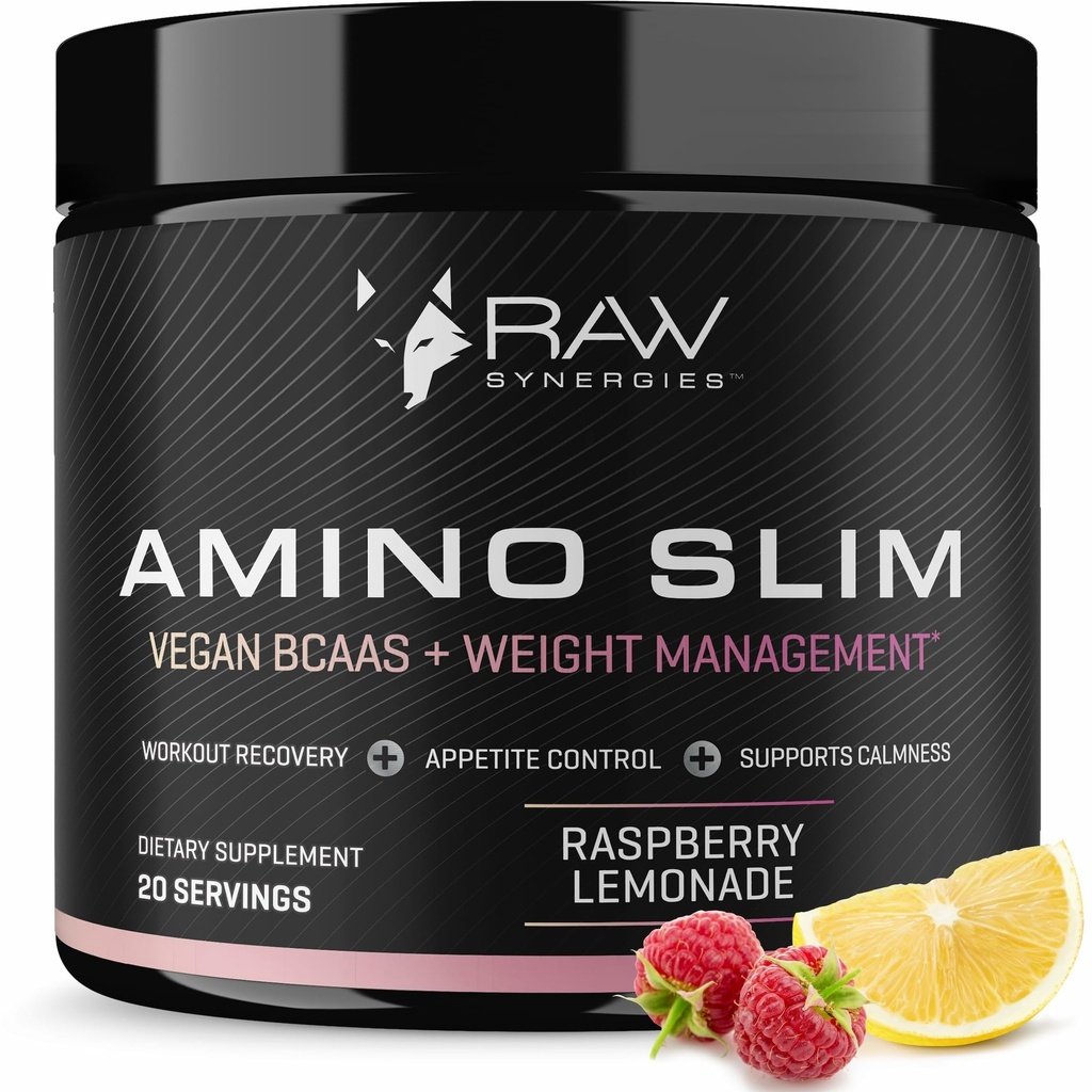 RAW Synergien Amino Slim - Active Lifestyle Supplement for Metabolic & Mindful Eating Support - Muscle & Energy Support - Sugar-Free & Vegan - Raspberry Lemonade - 20 Portionen