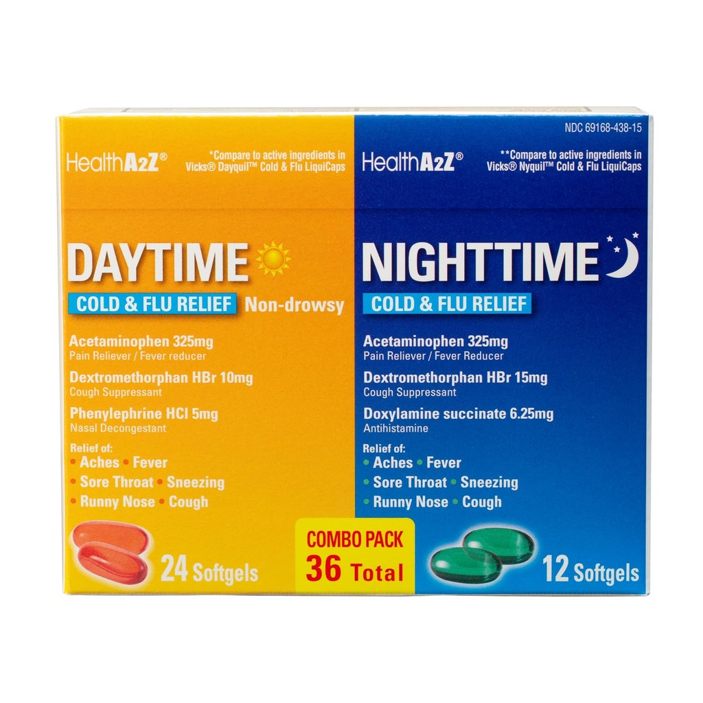 HealthA2Z® Tages- und Nachtzeit | Kalt- & Flu-Medizin | Leistungsstarke Multi-Symptom Tag- und Nachtzeit-Relief (24 Tag & 12 Nacht-Softgel) (Daytime & Nighttime Combo (36 Count Pack von 1))