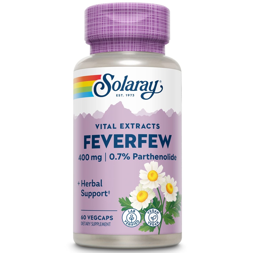 SOLARAY Feverfew Extract 400 mg | Gesunde Zirkulation & Blutgefäße, Kopf Comfort Support | Non-GMO | 60 VegCaps